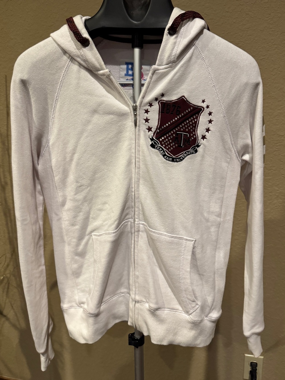 Texas A&M Women's White Zip-Up Hoodie w/Maroon Crest & Bling Hooded Sweatshirt